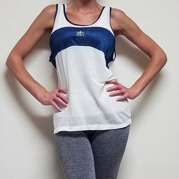 VINTAGE 1970s Bill Rodgers Blue White Mesh Sleeveless Singlet Running Sport Tank - Picture 2 of 15